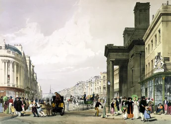 Regent Street olhando para o Quadrante com Hanover Chapel em primeiro plano e compradores passeando, 1842