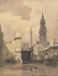 A Igreja de St. Magnus the Martyr, Ponte de Londres, com o Monumento ao Fundo