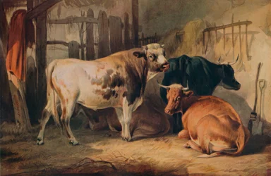 Um touro e três vacas em um estábulo, c1856