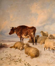 Vacas e ovelhas numa paisagem nevada, 1864