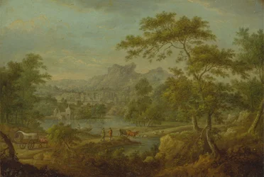 Uma paisagem imaginária com uma carroça e uma vista distante de uma cidade