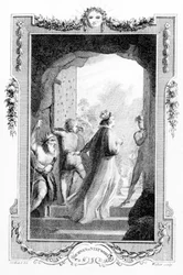 Ilustração de "Uma jornada deste mundo para o próximo", de Henry Fielding, gravada por Anthony Walker, 1783