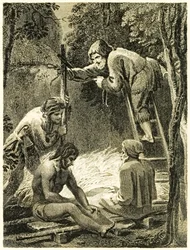 Robinson Crusoé e sexta-feira fazendo uma barraca para apresentar o pai de sexta-feira e o espanhol da vida e estranhas aventuras surpreendentes de Robinson Crusoé, ou York, Mariner de Daniel Defoe