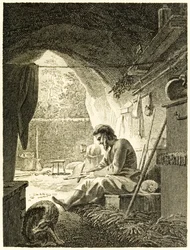 Robinson Crusoe no trabalho em sua caverna da vida e estranhas aventuras surpreendentes de Robinson Crusoé, ou York, Mariner de Daniel Defoe
