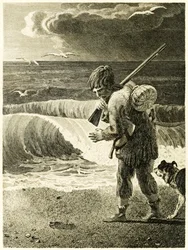 «Robinson Crusoe descobre a pegada do pé de um homem» de «A vida e as estranhas e surpreendentes aventuras de Robinson Crusoe, marinheiro de York» de Daniel Defoe