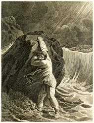 Robinson Crusoe naufragou e se agarrou a uma rocha da vida e estranhas aventuras surpreendentes de Robinson Crusoé, ou York, Mariner de Daniel Defoe