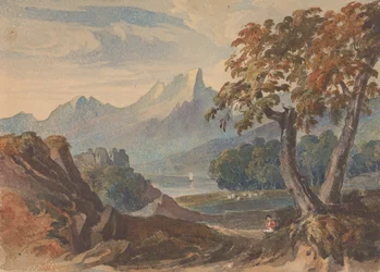 Paisagem com Montanhas, Castelo do Lago, Figura Sentada em Primeiro Plano