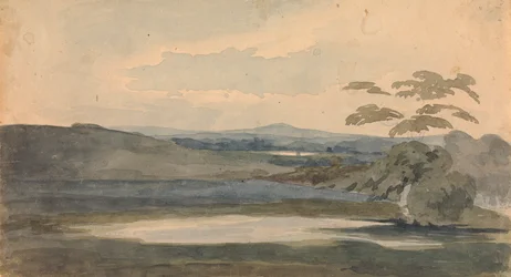 Paisagem com Árvores e Montanhas, Lago em Primeiro Plano