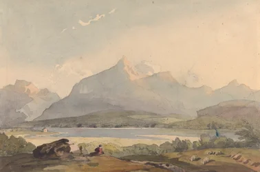 Paisagem montanhosa com lago e figura em primeiro plano