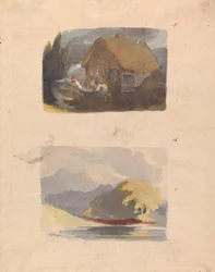 Dois Desenhos em Uma Folha: Casa de campo com figuras em frente (nº 15); Paisagem com rio e montanha - Sol (nº 16)