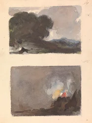 Dois Desenhos em Uma Folha: Paisagem com árvore em primeiro plano e montanhas à distância - Princípio de Hobbema e Ruysdael (nº 5); Figura em cena interior - Princípio de Teniers e Ostade (nº 6)
