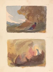 Dois Desenhos em Uma Folha: Paisagem com Reclinagem de Figura Contra Colina - Escola Ticiana e Veneziana (nº 7); Paisagem - Variedade de Lavagens de Aguarela (nº 8)