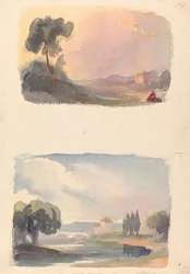 Dois Desenhos em Uma Folha: Paisagem com montanhas à distância e figuras sentadas em primeiro plano (n.º 1); Paisagem com rio e edifício, montanhas à distância (n.º 2)