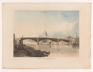 Gezicht op de Southwark Iron Bridge, Londen
Ponte de Ferro Southwark, vista do lado do Banco (título sobre o objecto)