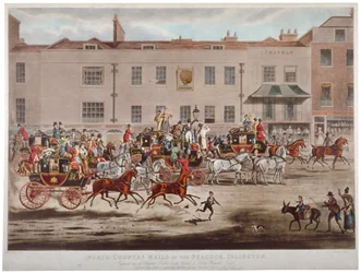 Diligências postais em frente ao Peacock Inn, na Islington High Street, Londres, 1823