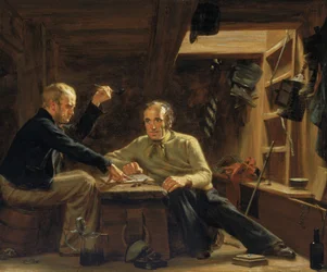 Retratos de dois marinheiros sentados entre as vigas do porão de um Berwick, um veleiro rápido utilizado para transportar salmão e viajantes