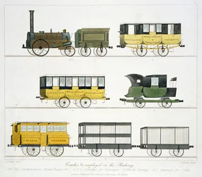 Treinadores empregados na estrada de ferro, placa 7 de Liverpool e Manchester Railway, gravada por Henry Pyall (1795-1833), pub. por R. Ackermann, 1831