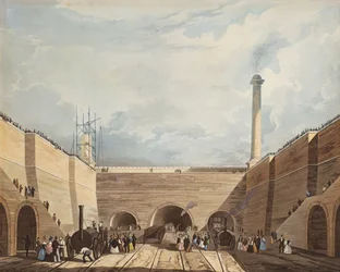 Entrada da estrada de ferro em Edge Hill, Liverpool, gravado por H. Pyall, 1831 (gravura colorida à mão e aquatinta)