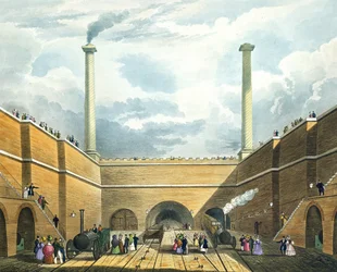 Entrada da estrada de ferro na borda Hill, Liverpool, placa 2 de &39;Liverpool e Manchester Railway&39;, gravada por SG Hughes, pub. por Ackermann und Co., 1833
