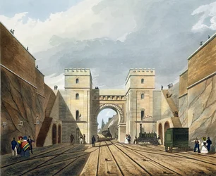 Arco mourisco, visto do túnel, prancha 10 de «Liverpool and Manchester Railway», gravada por S.G. Hughes, publicada por R. Ackermann, 1831