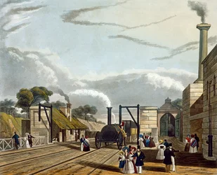Tomando na água em Parkside, placa 13 de &39;Visão colorida da Liverpool e Manchester Railway&39;, gravada por H. Pyall, publicado pela Ackermann und Co., Londres, 1833