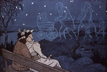 Casal ao ar livre, olhando para o seu futuro nas estrelas: crianças, família. Ilustração por Th.Th. Heine in: Simplicissimus, Alemanha