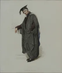 Bacharel em Direito, gravado por J. Agar, publicado em "História de Oxford" de R. Ackermann, 1813 (gravura colorida à mão)