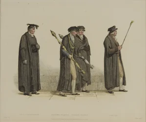 Vice-Chanceler, Esquire Beadle, Yeoman Beadle, Verger, gravado por J. Agar, publicado em R. Ackermann&39;s "History of Oxford", 1813 (gravura colorida à mão)