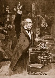 Introdução do projeto Home Rule: o Sr. Gladstone entregando sua ilustração de peroration, 1886, de "História Ilustrada de Cassell da Inglaterra" (foto sépia)