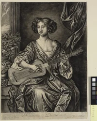 Senhora tocando guitarra, "Madame Davis"; após o retrato pintado de Sir Peter Lely, c. 1674 de Mary Davies na coleção Earl of Bradford