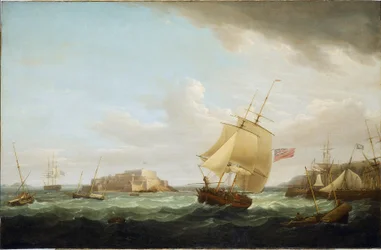 Um navio mercante e outras embarcações ao largo do Castelo de Cornet, em Guernsey, Inglaterra. Óleo sobre tela, cerca de 1796, de Thomas Whitcombe (1763-1825).