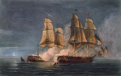 Captura da Tétis por HMS Amethyst, 10 de novembro de 1808, gravada por T. Sutherland para "A Cronologia Naval da Grã-Bretanha", de J. Ralfe, publicada em 1820