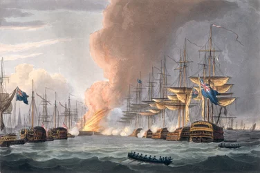 Destruição da Frota Dinamarquesa antes de Copenhaga, a 2 de abril de 1801, gravada por Thomas Sutherland para as "Realizações Navais" de J. Jenkins, 1816