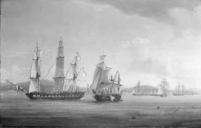 O HMS "Spartan" e a esquadra naval francesa e napolitana, fim do combate, 3 de maio de 1810, Baía de Nápoles, Itália. Óleo sobre tela