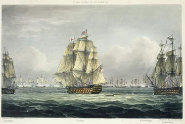 HMS Victory navegando para a linha francesa ladeada por Euryalus e HMS Temeraire na Batalha de Trafalgar, em 21 de outubro de 1805, gravada por T. Sutherland para &39;The Naval Chronology of Great Britain&39;