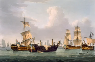 Ação de Lord Hotham, 14 de março de 1795, gravada por Thomas Sutherland para as "Conquistas Navais" de J. Jenkins, 1816 (gravura colorida)