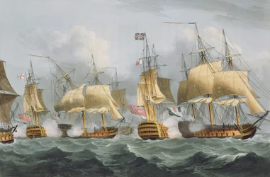 Lord Howe no Queen Charlotte, rompendo a linha inimiga, 29 de maio de 1794, gravado por Thomas Sutherland para «Naval Achievements» de J. Jenkins, 1816