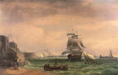 Navios de guerra e pequenas embarcações no porto de Portsmouth, final do século XVIII ou início do século XIX
