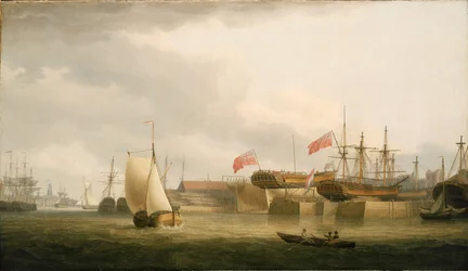 Estaleiros navais no Tamisa (Inglaterra), em Redriff, em frente à torre da Igreja de Santa Ana, em Limehouse. Óleo sobre tela
