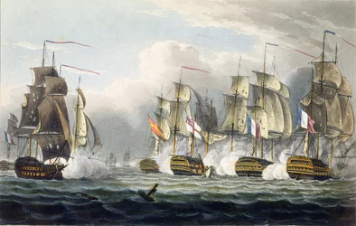 Situação do HMS Bellerophon após a morte do seu comandante, Capitão Cooke, na Batalha de Trafalgar, 21 de outubro de 1805, gravado por T. Sutherland para «The Naval Chronology of Great Britain»