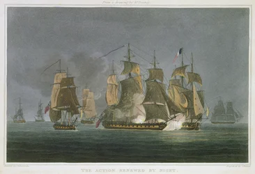 A Ação Renovada à Noite, em Madagascar, 20 de maio de 1811, gravada por J. Bailey para "A Cronologia Naval da Grã-Bretanha", de J. Ralfe, publicada em 1820