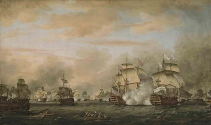 A Batalha de Saintes, 12 de abril de 1782. HMS Barfleur atacando a capitânia francesa Ville de Paris
