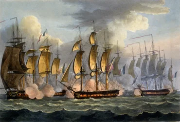 A captura da La Prévoyante e da La Raison, 17 de maio de 1795, de «Os feitos navais da Grã-Bretanha» de James Jenkins, gravado por Thomas Sutherland, publicado em 1817
