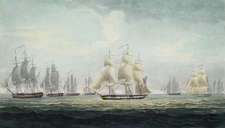 A manobra naval de Sir Graham Moore (1764-1843), comandante da esquadra de quatro fragatas da Marinha Real Britânica, que capturou uma frota espanhola de tesouros ao largo de Cádis, Espanha, a 5 de outubro