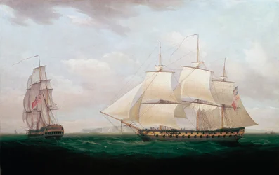 Dois Indiamen do leste fora de uma costa, Thomas Whitcombe, c1850