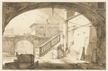 Vista através de um arco em um pátio italiano