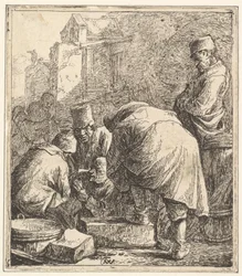 Homem ajustando seus sapatos, à esquerda, três homens jogando cartas, 1630-77.