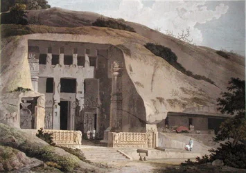 Templo escavado na Ilha de Salsette, placa III de "Oriental Scenery", publicado em 1799 (aquatint colorido) (ver 136976)