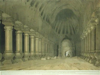 Interior de um Templo Hindu Escavado na Ilha de Salsette, placa 63 de "Cenário Oriental": Twenty Four Views in Hindoostan