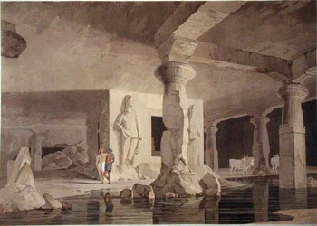 Parte do Templo do Elefanta, placa VIII do "Cenário Oriental", publicado em 1800 (aquatint colorido)